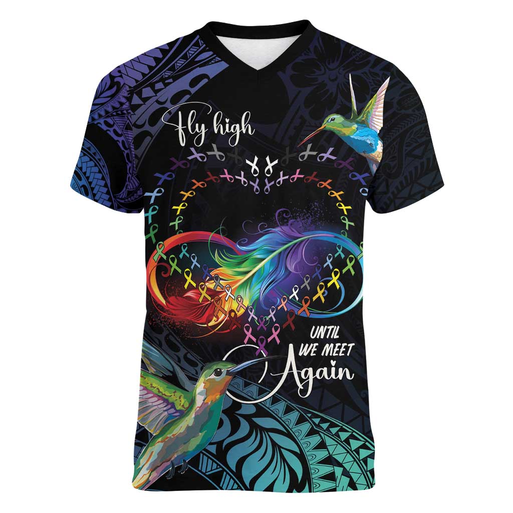 Polynesian Cancers Awareness Women V-Neck T-Shirt Hummingbird - Fly High Until We Meet Again