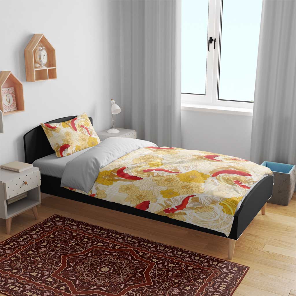 Beige Palaka Hawaii Aloha Bedding Set Koi Pond Mix Ilima Flowers - Polynesian Pride