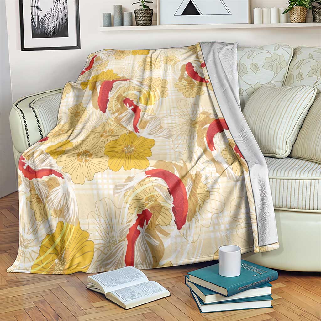Beige Palaka Hawaii Aloha Blanket Koi Pond Mix Ilima Flowers LT7 Cream Yellow - Polynesian Pride