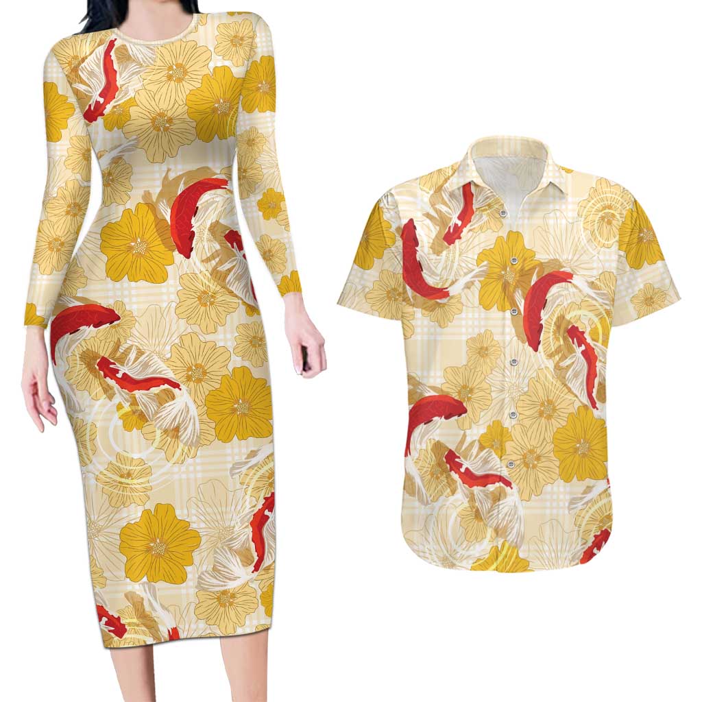Beige Palaka Hawaii Aloha Couples Matching Long Sleeve Bodycon Dress and Hawaiian Shirt Koi Pond Mix Ilima Flowers LT7 Cream Yellow - Polynesian Pride