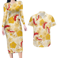 Beige Palaka Hawaii Aloha Couples Matching Long Sleeve Bodycon Dress and Hawaiian Shirt Koi Pond Mix Ilima Flowers LT7 Cream Yellow - Polynesian Pride