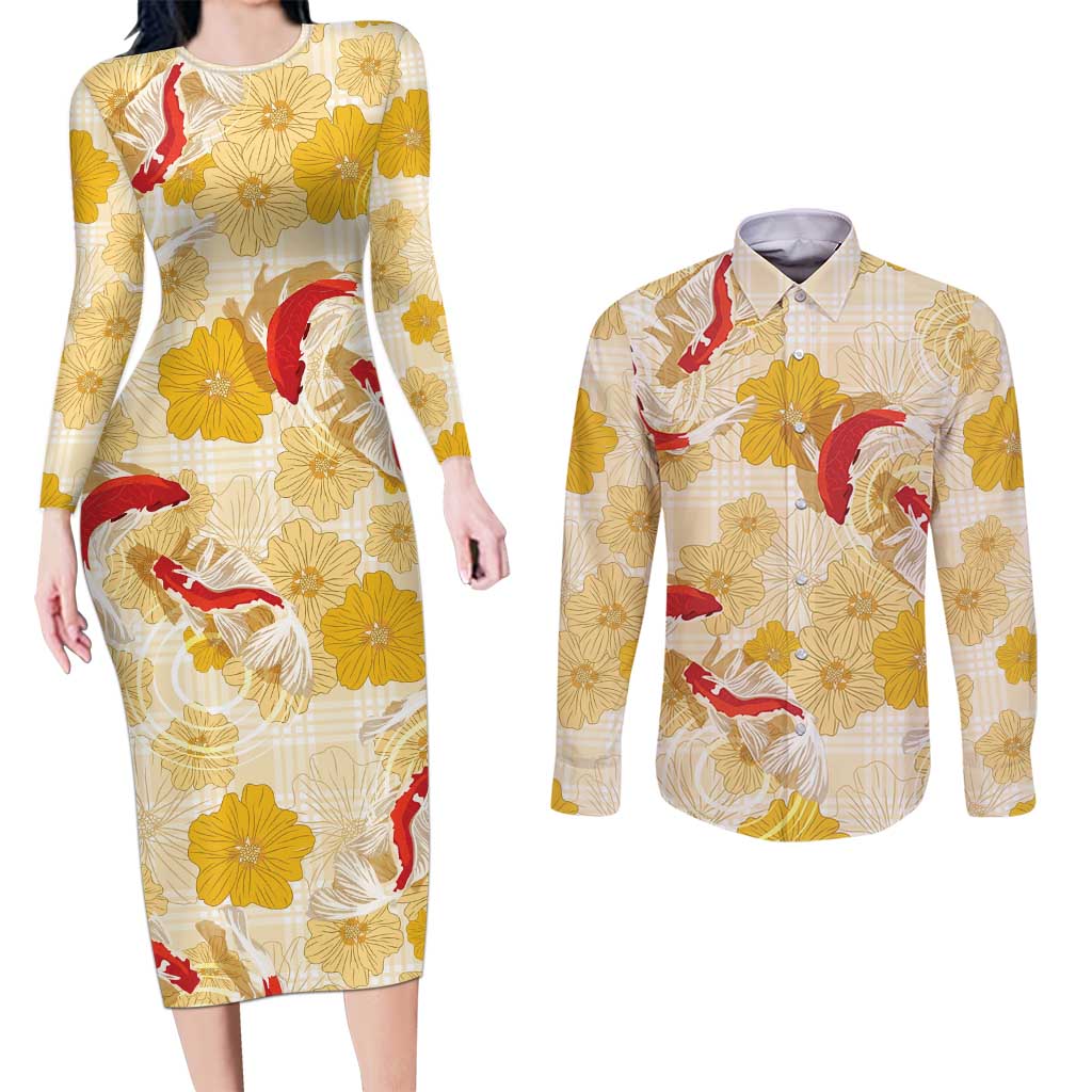 Beige Palaka Hawaii Aloha Couples Matching Long Sleeve Bodycon Dress and Long Sleeve Button Shirt Koi Pond Mix Ilima Flowers LT7 Cream Yellow - Polynesian Pride
