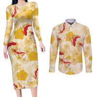 Beige Palaka Hawaii Aloha Couples Matching Long Sleeve Bodycon Dress and Long Sleeve Button Shirt Koi Pond Mix Ilima Flowers LT7 Cream Yellow - Polynesian Pride