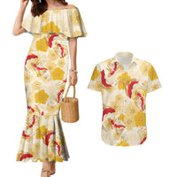 Beige Palaka Hawaii Aloha Couples Matching Mermaid Dress and Hawaiian Shirt Koi Pond Mix Ilima Flowers LT7 Cream Yellow - Polynesian Pride