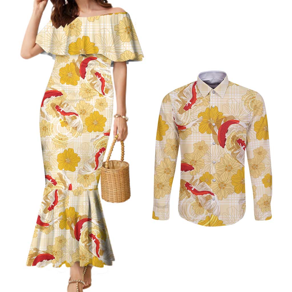 Beige Palaka Hawaii Aloha Couples Matching Mermaid Dress and Long Sleeve Button Shirt Koi Pond Mix Ilima Flowers LT7 Cream Yellow - Polynesian Pride