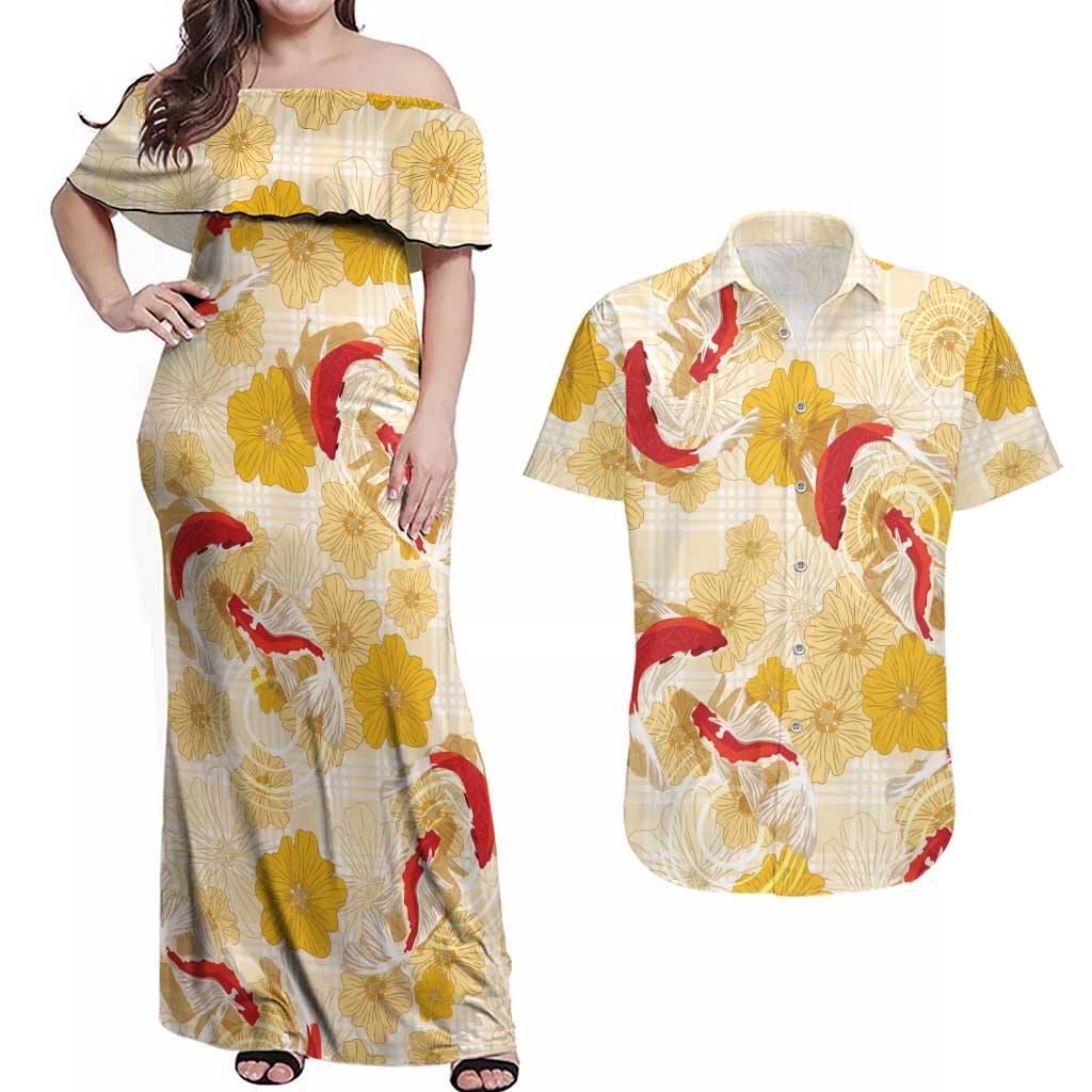 Beige Palaka Hawaii Aloha Couples Matching Off Shoulder Maxi Dress and Hawaiian Shirt Koi Pond Mix Ilima Flowers - Polynesian Pride