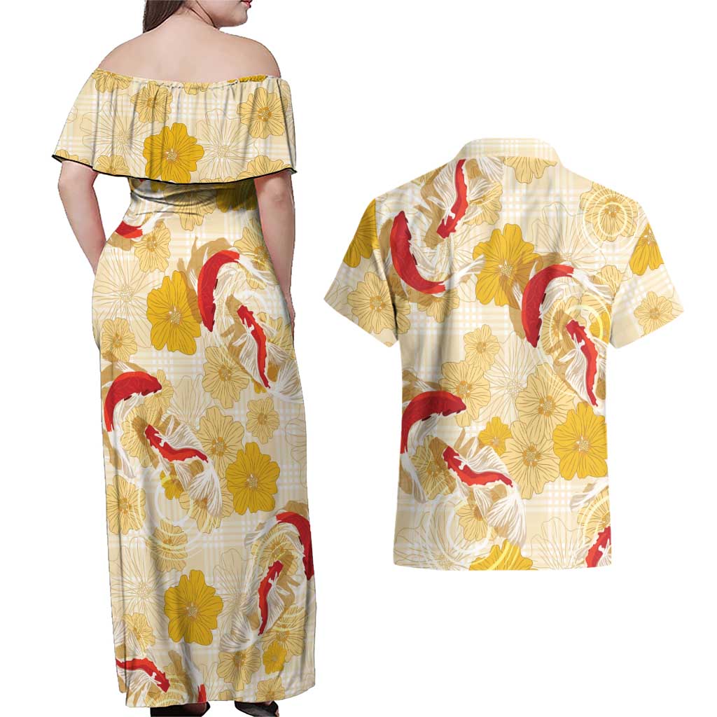 Beige Palaka Hawaii Aloha Couples Matching Off Shoulder Maxi Dress and Hawaiian Shirt Koi Pond Mix Ilima Flowers LT7 - Polynesian Pride