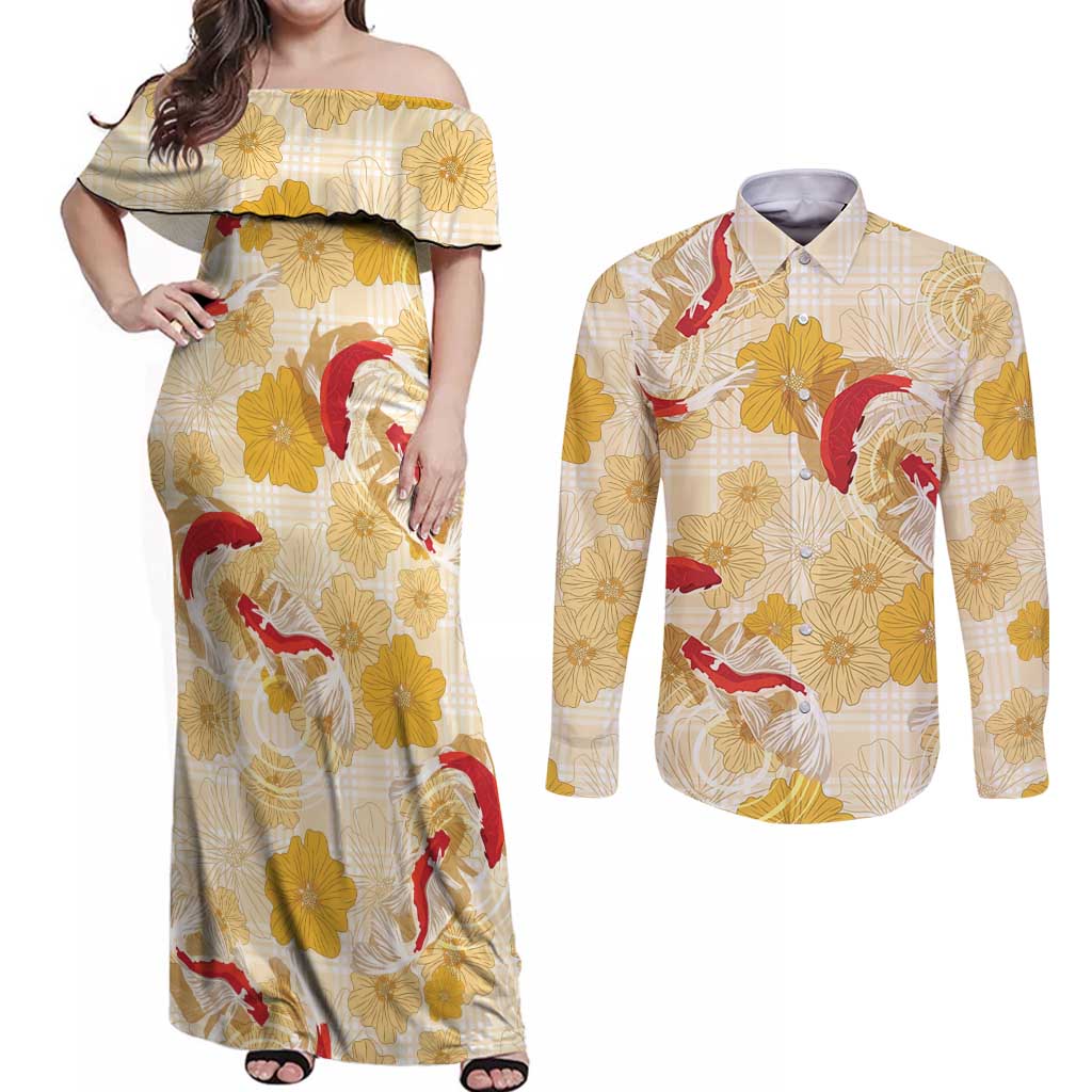 Beige Palaka Hawaii Aloha Couples Matching Off Shoulder Maxi Dress and Long Sleeve Button Shirt Koi Pond Mix Ilima Flowers LT7 Cream Yellow - Polynesian Pride