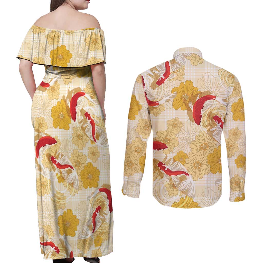 Beige Palaka Hawaii Aloha Couples Matching Off Shoulder Maxi Dress and Long Sleeve Button Shirt Koi Pond Mix Ilima Flowers LT7 - Polynesian Pride