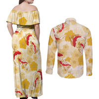 Beige Palaka Hawaii Aloha Couples Matching Off Shoulder Maxi Dress and Long Sleeve Button Shirt Koi Pond Mix Ilima Flowers LT7 - Polynesian Pride