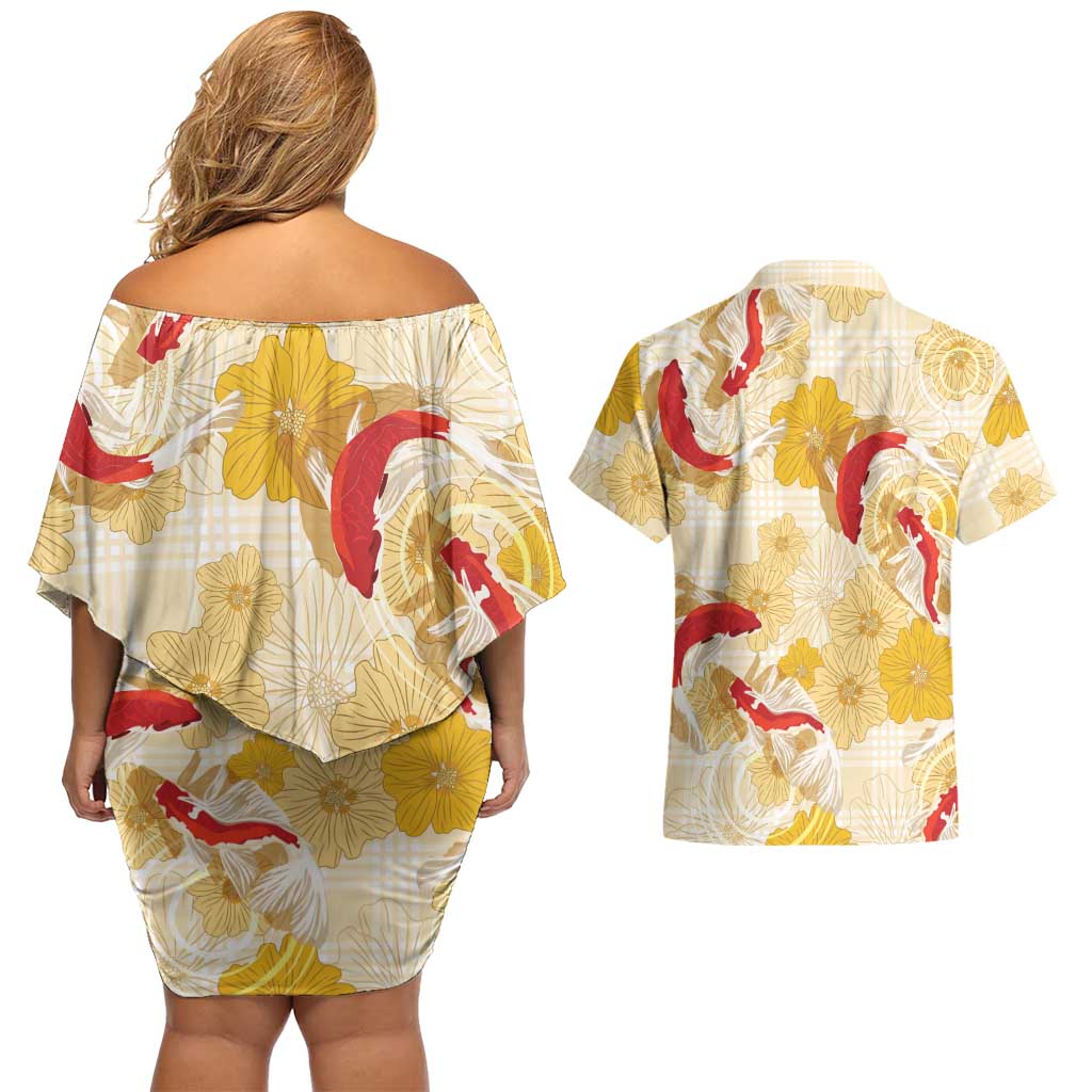 Beige Palaka Hawaii Aloha Couples Matching Off Shoulder Short Dress and Hawaiian Shirt Koi Pond Mix Ilima Flowers LT7 - Polynesian Pride