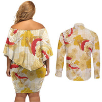 Beige Palaka Hawaii Aloha Couples Matching Off Shoulder Short Dress and Long Sleeve Button Shirt Koi Pond Mix Ilima Flowers LT7 - Polynesian Pride