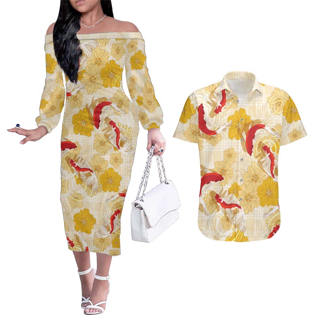 Beige Palaka Hawaii Aloha Couples Matching Off The Shoulder Long Sleeve Dress and Hawaiian Shirt Koi Pond Mix Ilima Flowers LT7 Cream Yellow - Polynesian Pride