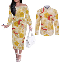 Beige Palaka Hawaii Aloha Couples Matching Off The Shoulder Long Sleeve Dress and Long Sleeve Button Shirt Koi Pond Mix Ilima Flowers LT7 Cream Yellow - Polynesian Pride