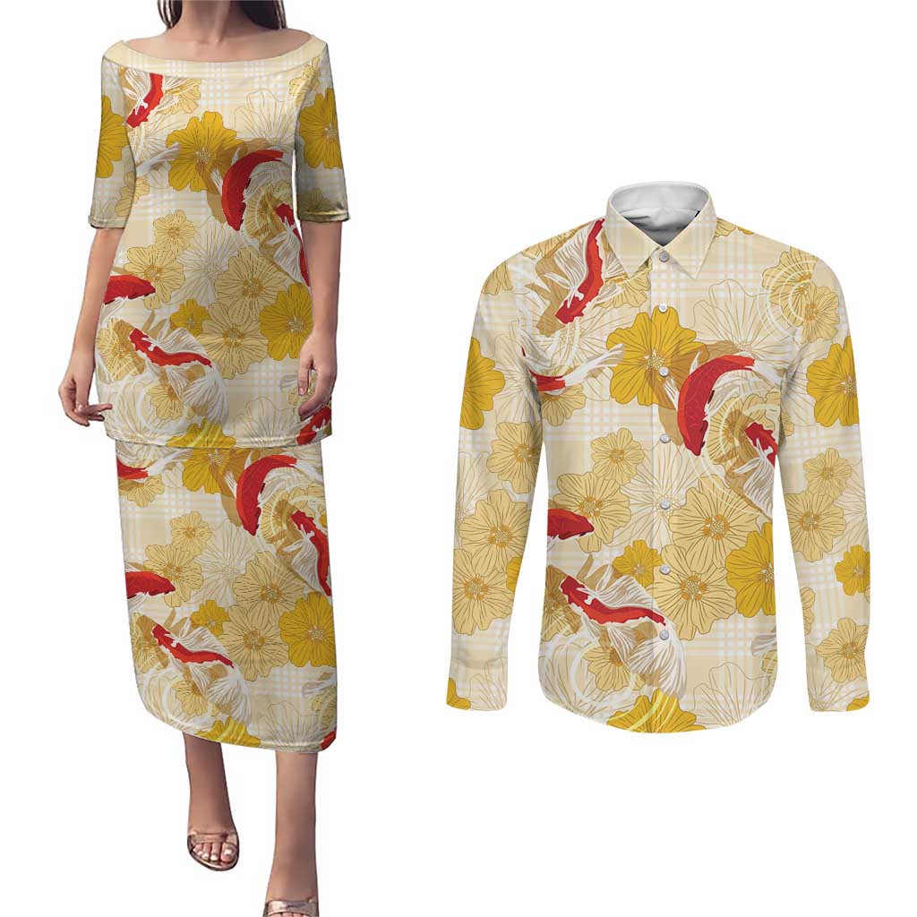 Beige Palaka Hawaii Aloha Couples Matching Puletasi and Long Sleeve Button Shirt Koi Pond Mix Ilima Flowers - Polynesian Pride