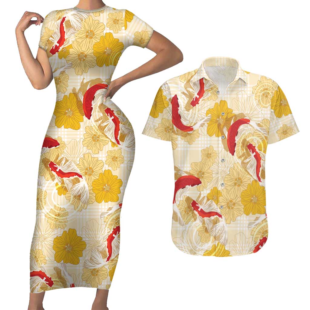 Beige Palaka Hawaii Aloha Couples Matching Short Sleeve Bodycon Dress and Hawaiian Shirt Koi Pond Mix Ilima Flowers - Polynesian Pride