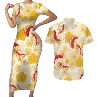 Beige Palaka Hawaii Aloha Couples Matching Short Sleeve Bodycon Dress and Hawaiian Shirt Koi Pond Mix Ilima Flowers LT7 Cream Yellow - Polynesian Pride