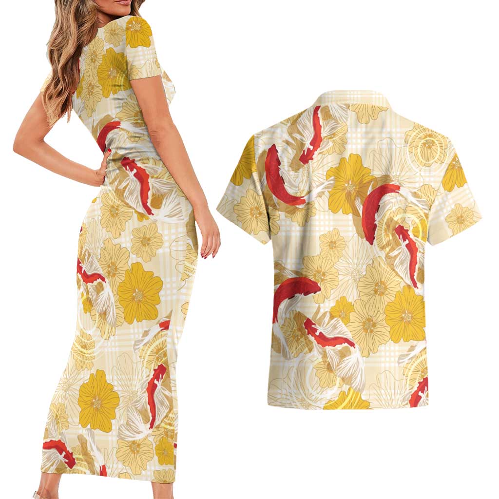 Beige Palaka Hawaii Aloha Couples Matching Short Sleeve Bodycon Dress and Hawaiian Shirt Koi Pond Mix Ilima Flowers LT7 - Polynesian Pride