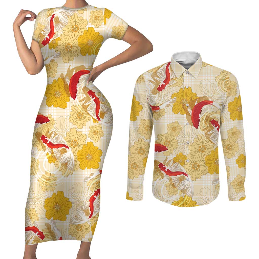 Beige Palaka Hawaii Aloha Couples Matching Short Sleeve Bodycon Dress and Long Sleeve Button Shirt Koi Pond Mix Ilima Flowers - Polynesian Pride