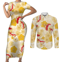 Beige Palaka Hawaii Aloha Couples Matching Short Sleeve Bodycon Dress and Long Sleeve Button Shirt Koi Pond Mix Ilima Flowers LT7 Cream Yellow - Polynesian Pride