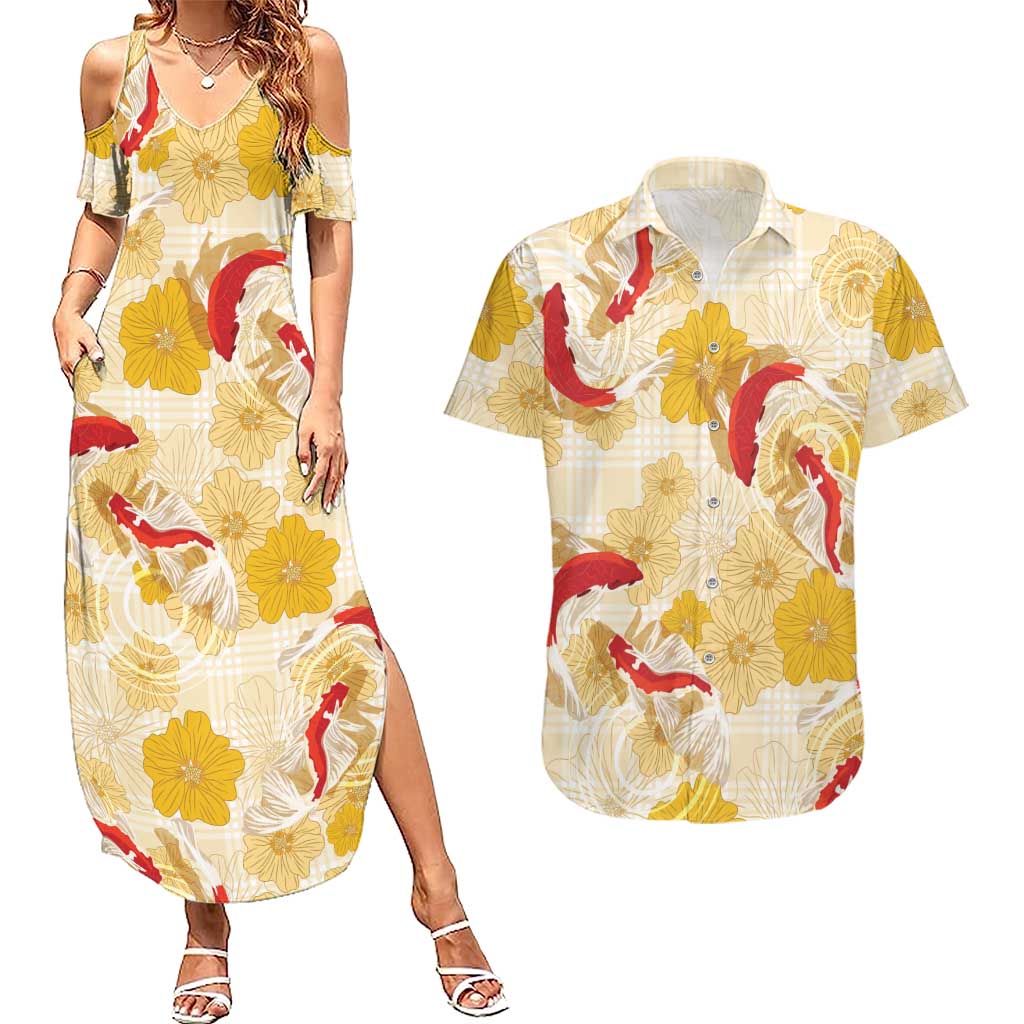 Beige Palaka Hawaii Aloha Couples Matching Summer Maxi Dress and Hawaiian Shirt Koi Pond Mix Ilima Flowers LT7 Cream Yellow - Polynesian Pride