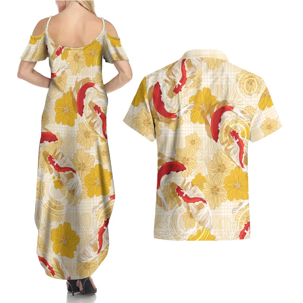 Beige Palaka Hawaii Aloha Couples Matching Summer Maxi Dress and Hawaiian Shirt Koi Pond Mix Ilima Flowers LT7 - Polynesian Pride