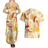 Beige Palaka Hawaii Aloha Couples Matching Summer Maxi Dress and Hawaiian Shirt Koi Pond Mix Ilima Flowers LT7 - Polynesian Pride