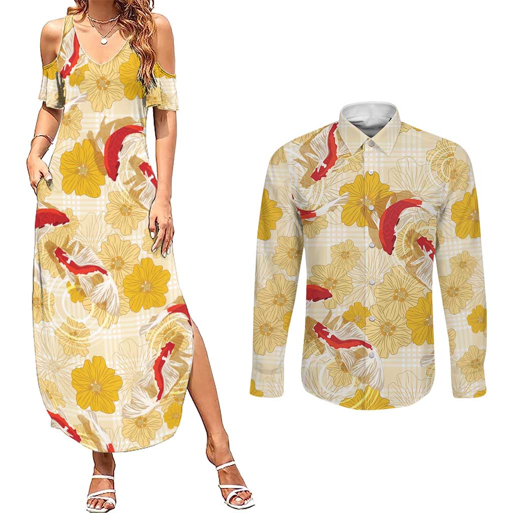 Beige Palaka Hawaii Aloha Couples Matching Summer Maxi Dress and Long Sleeve Button Shirt Koi Pond Mix Ilima Flowers LT7 Cream Yellow - Polynesian Pride