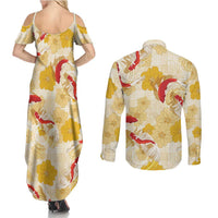 Beige Palaka Hawaii Aloha Couples Matching Summer Maxi Dress and Long Sleeve Button Shirt Koi Pond Mix Ilima Flowers LT7 - Polynesian Pride