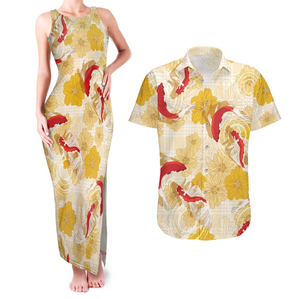 Beige Palaka Hawaii Aloha Couples Matching Tank Maxi Dress and Hawaiian Shirt Koi Pond Mix Ilima Flowers - Polynesian Pride