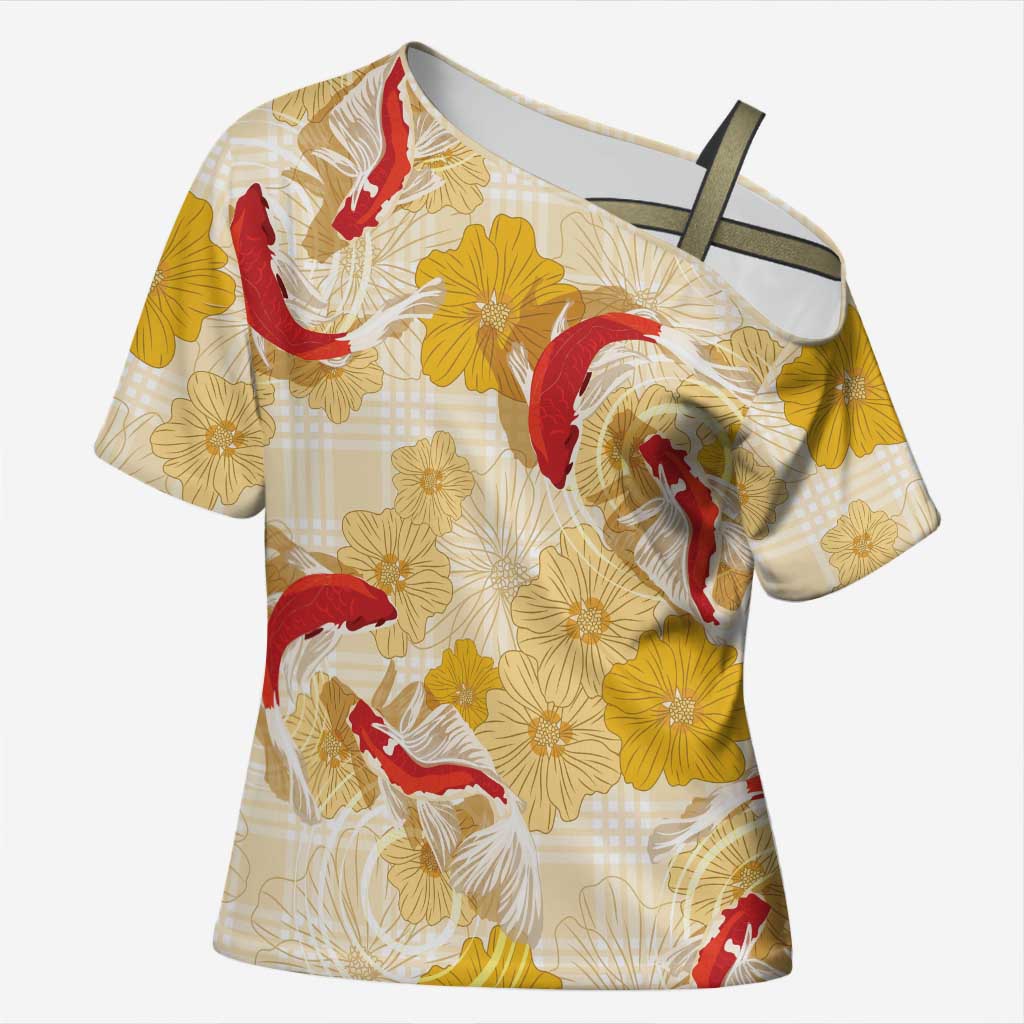 Beige Palaka Hawaii Aloha Cross Shoulder Shirt Koi Pond Mix Ilima Flowers - Polynesian Pride