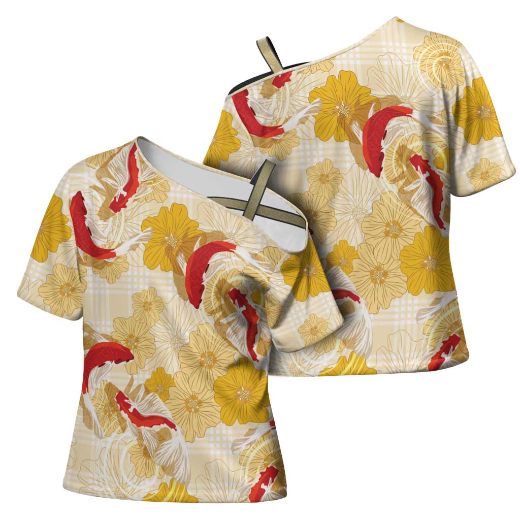 Beige Palaka Hawaii Aloha Cross Shoulder Shirt Koi Pond Mix Ilima Flowers - Polynesian Pride