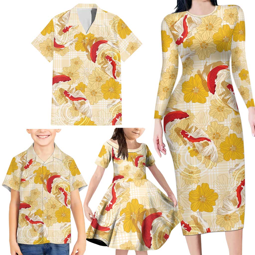 Beige Palaka Hawaii Aloha Family Matching Long Sleeve Bodycon Dress and Hawaiian Shirt Koi Pond Mix Ilima Flowers - Polynesian Pride