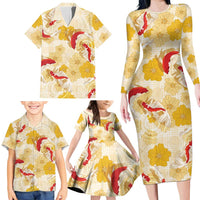 Beige Palaka Hawaii Aloha Family Matching Long Sleeve Bodycon Dress and Hawaiian Shirt Koi Pond Mix Ilima Flowers LT7 - Polynesian Pride