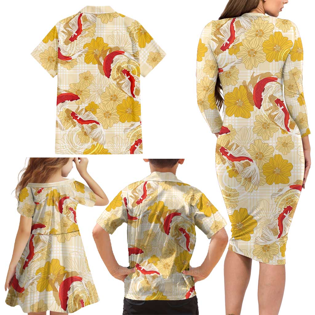 Beige Palaka Hawaii Aloha Family Matching Long Sleeve Bodycon Dress and Hawaiian Shirt Koi Pond Mix Ilima Flowers LT7 - Polynesian Pride