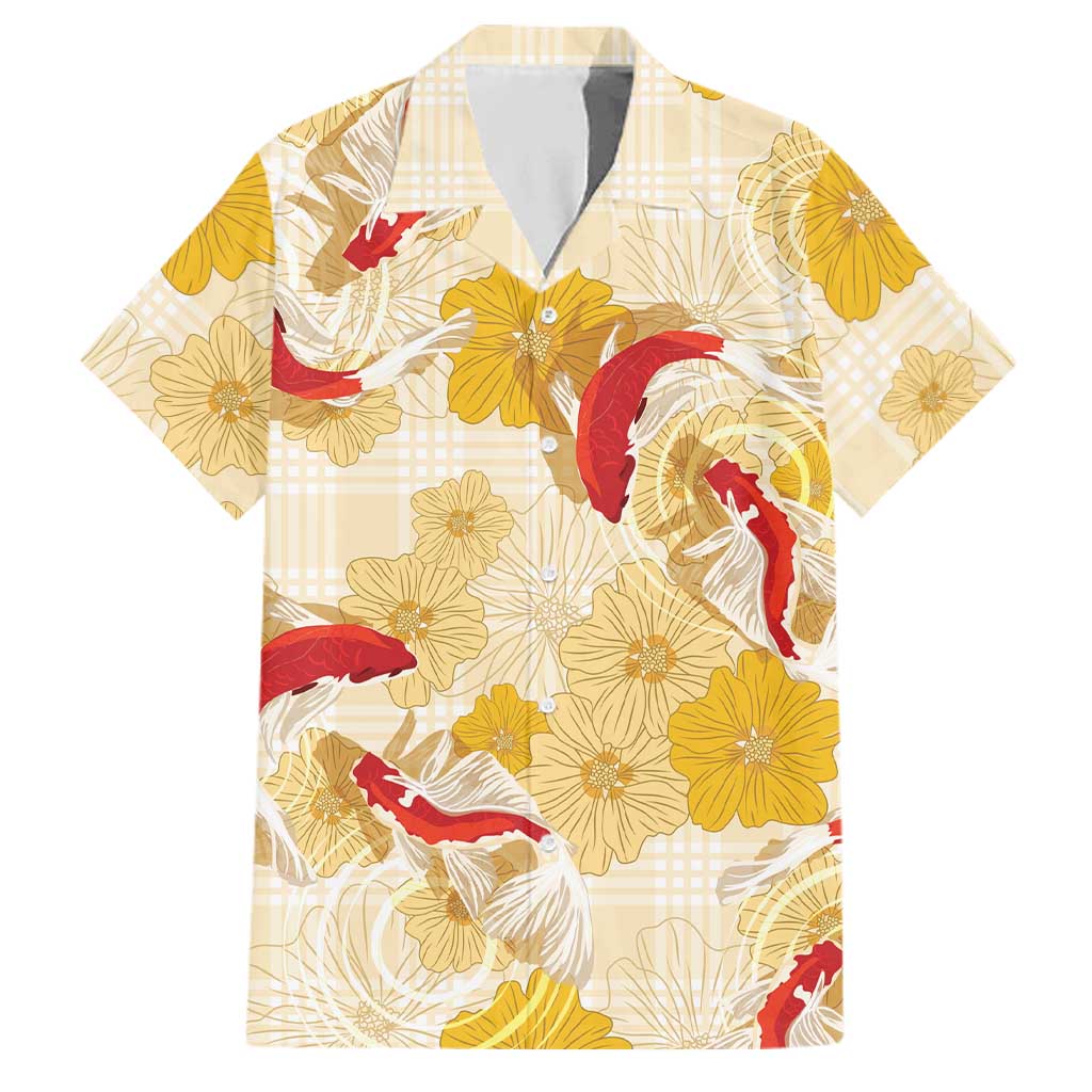 Beige Palaka Hawaii Aloha Family Matching Long Sleeve Bodycon Dress and Hawaiian Shirt Koi Pond Mix Ilima Flowers LT7 Dad's Shirt - Short Sleeve Cream Yellow - Polynesian Pride