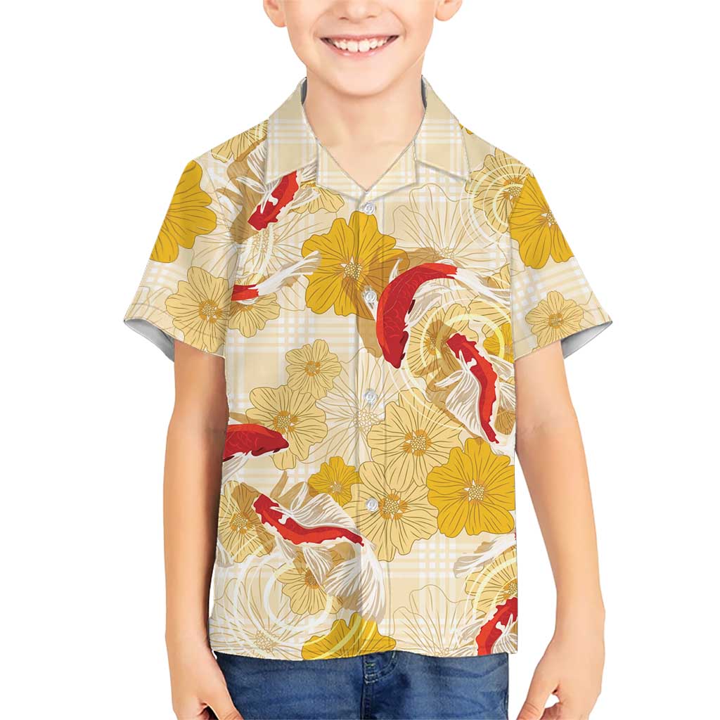 Beige Palaka Hawaii Aloha Family Matching Long Sleeve Bodycon Dress and Hawaiian Shirt Koi Pond Mix Ilima Flowers LT7 - Polynesian Pride