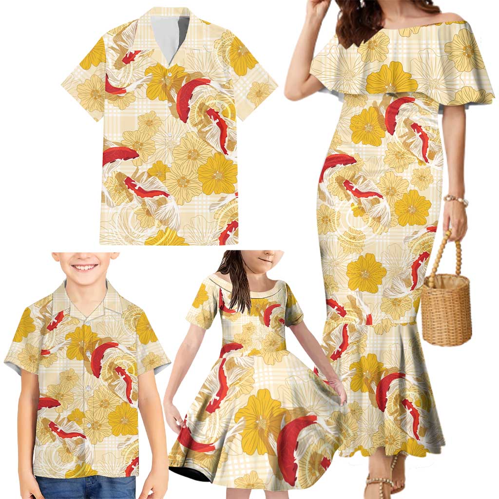 Beige Palaka Hawaii Aloha Family Matching Mermaid Dress and Hawaiian Shirt Koi Pond Mix Ilima Flowers - Polynesian Pride