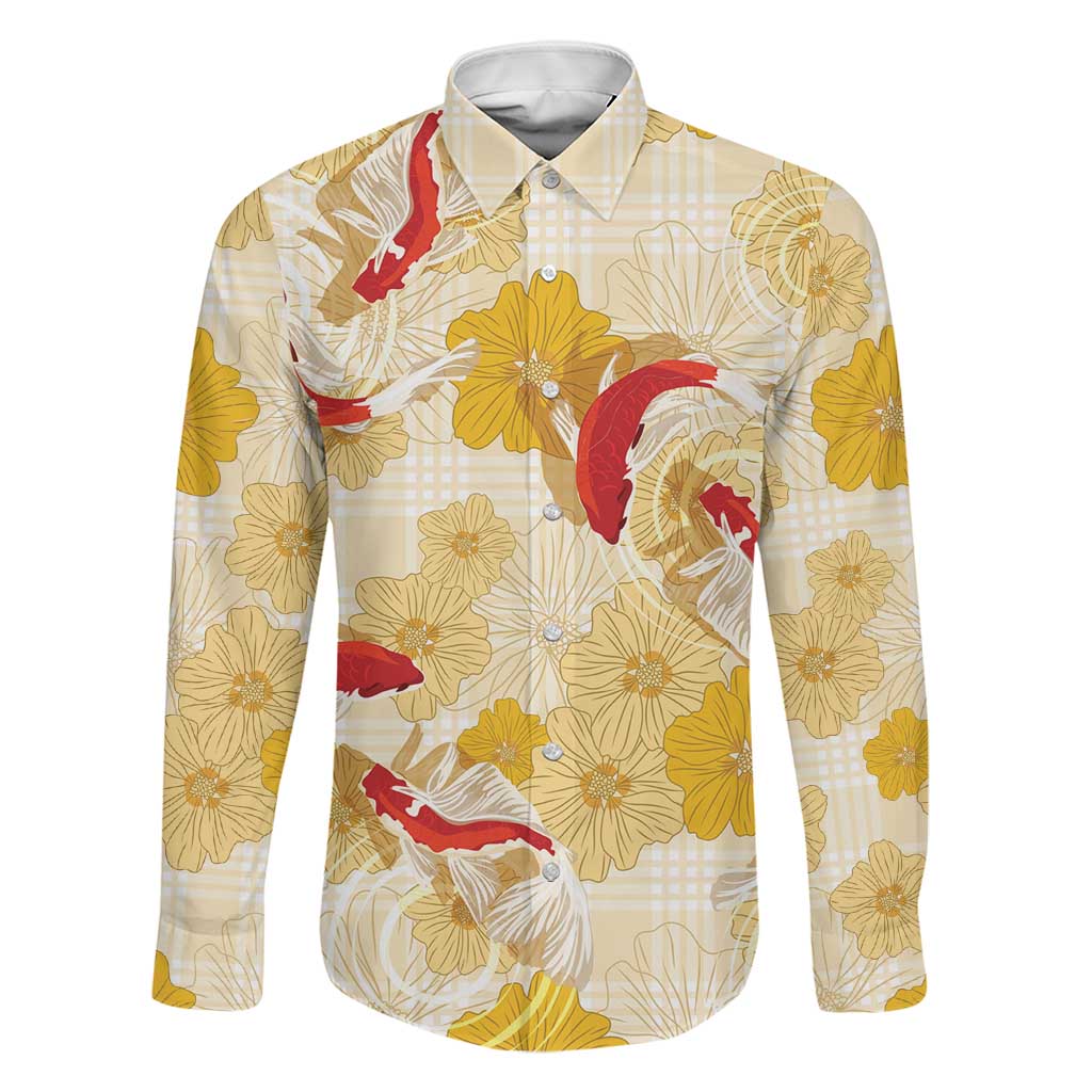Beige Palaka Hawaii Aloha Family Matching Mermaid Dress and Hawaiian Shirt Koi Pond Mix Ilima Flowers LT7 Dad's Shirt - Long Sleeve Cream Yellow - Polynesian Pride