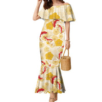 Beige Palaka Hawaii Aloha Family Matching Mermaid Dress and Hawaiian Shirt Koi Pond Mix Ilima Flowers LT7 Cream Yellow - Polynesian Pride