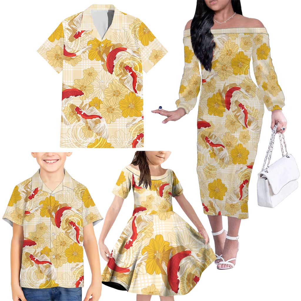Beige Palaka Hawaii Aloha Family Matching Off The Shoulder Long Sleeve Dress and Hawaiian Shirt Koi Pond Mix Ilima Flowers - Polynesian Pride