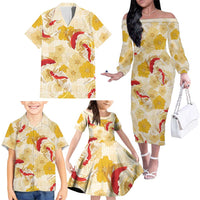Beige Palaka Hawaii Aloha Family Matching Off The Shoulder Long Sleeve Dress and Hawaiian Shirt Koi Pond Mix Ilima Flowers LT7 - Polynesian Pride