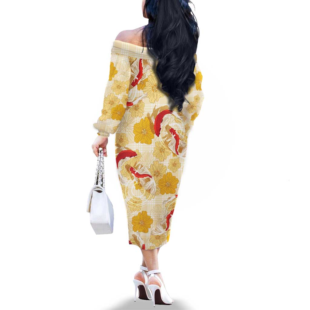Beige Palaka Hawaii Aloha Family Matching Off The Shoulder Long Sleeve Dress and Hawaiian Shirt Koi Pond Mix Ilima Flowers LT7 - Polynesian Pride