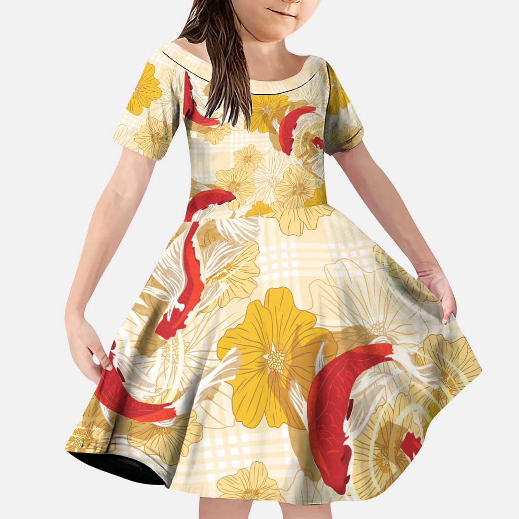 Beige Palaka Hawaii Aloha Family Matching Off Shoulder Maxi Dress and Hawaiian Shirt Koi Pond Mix Ilima Flowers LT7 Daughter's Dress Cream Yellow - Polynesian Pride