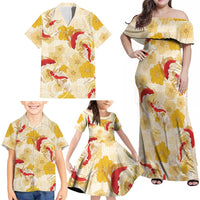 Beige Palaka Hawaii Aloha Family Matching Off Shoulder Maxi Dress and Hawaiian Shirt Koi Pond Mix Ilima Flowers LT7 - Polynesian Pride