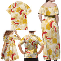 Beige Palaka Hawaii Aloha Family Matching Off Shoulder Maxi Dress and Hawaiian Shirt Koi Pond Mix Ilima Flowers LT7 - Polynesian Pride
