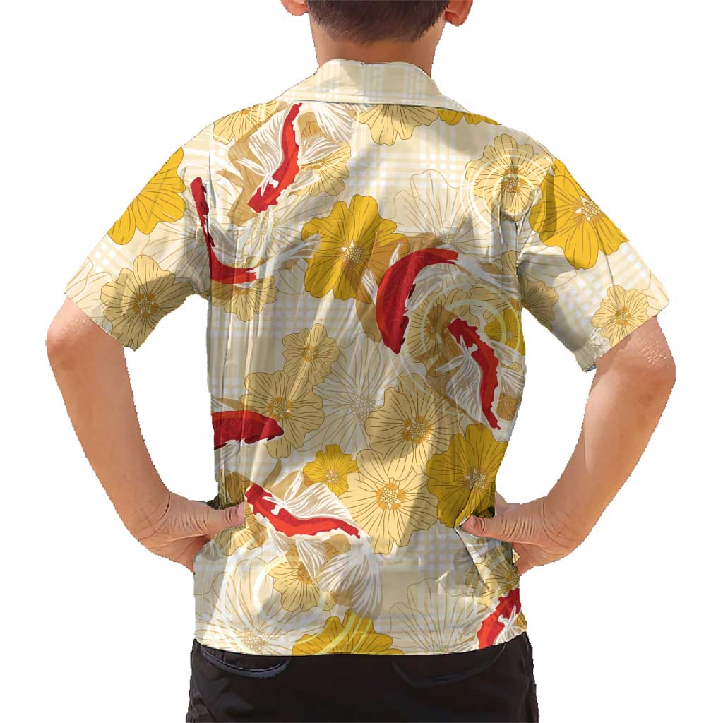 Beige Palaka Hawaii Aloha Family Matching Off Shoulder Short Dress and Hawaiian Shirt Koi Pond Mix Ilima Flowers LT7 - Polynesian Pride