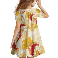 Beige Palaka Hawaii Aloha Family Matching Off Shoulder Short Dress and Hawaiian Shirt Koi Pond Mix Ilima Flowers LT7 - Polynesian Pride