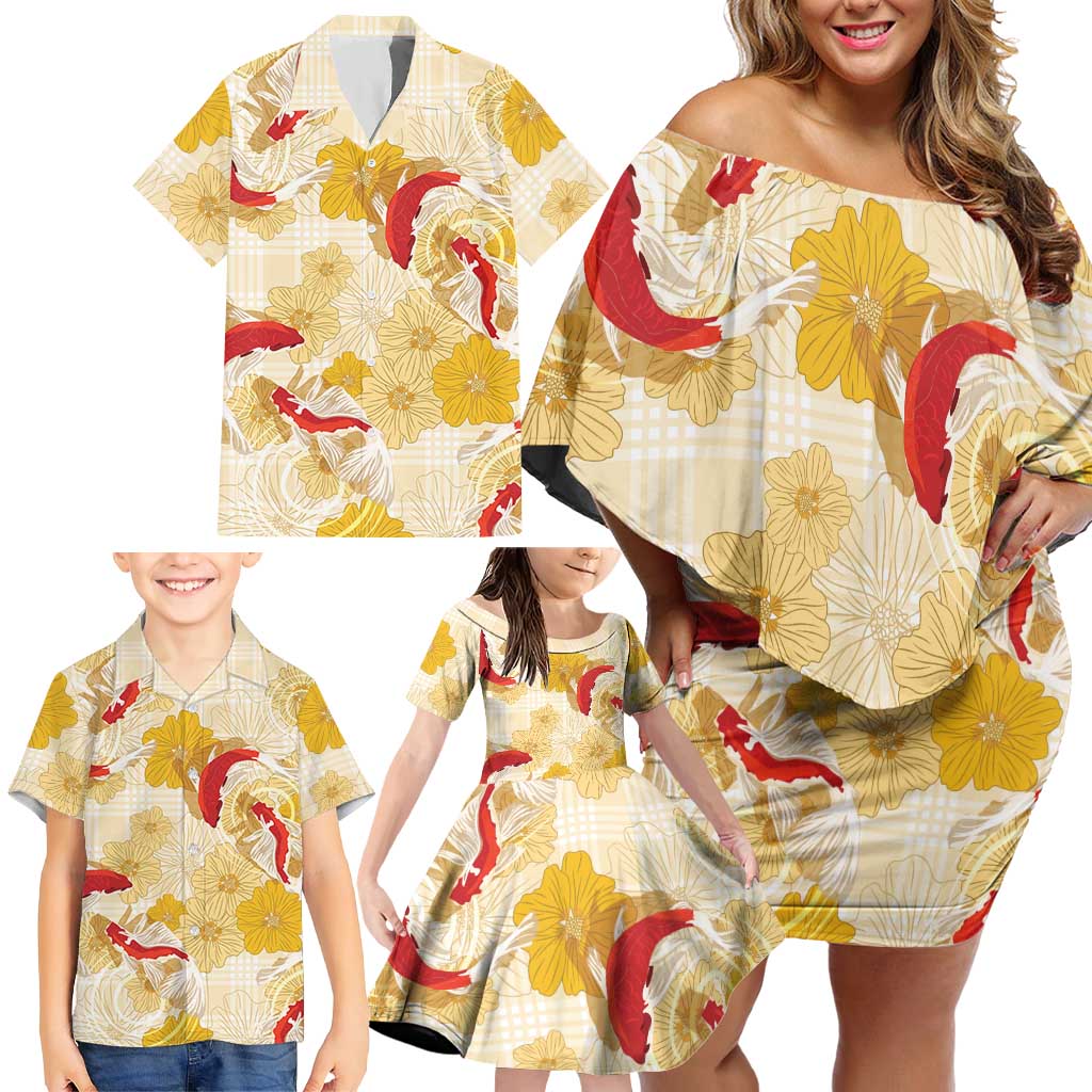 Beige Palaka Hawaii Aloha Family Matching Off Shoulder Short Dress and Hawaiian Shirt Koi Pond Mix Ilima Flowers LT7 - Polynesian Pride