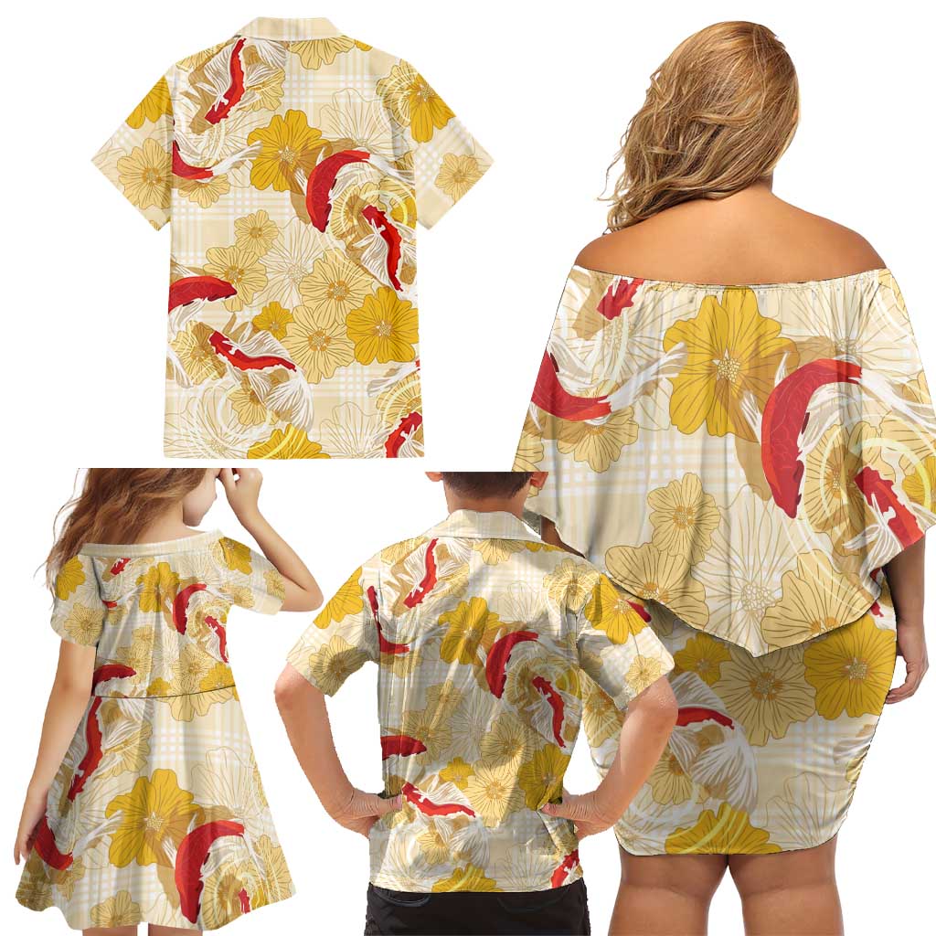 Beige Palaka Hawaii Aloha Family Matching Off Shoulder Short Dress and Hawaiian Shirt Koi Pond Mix Ilima Flowers LT7 - Polynesian Pride